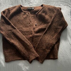 RD Style Brown Button-Front Crewneck Cardigan